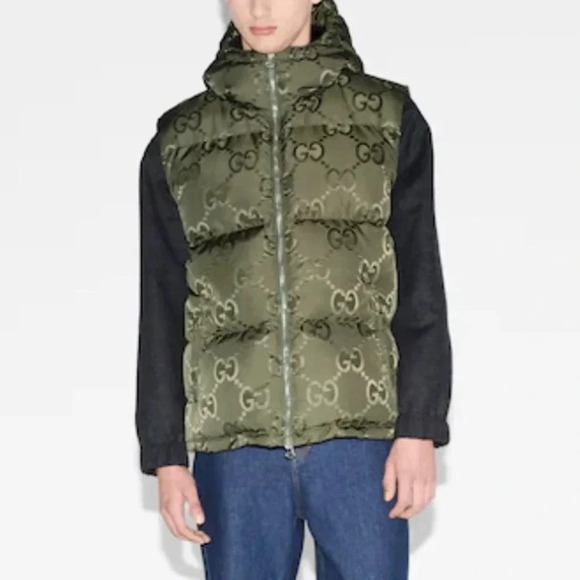 AUTHENTIC GUCCI JUMBO GG monogram CANVAS DOWN VEST green men’s hood puffer gilet - Picture 5 of 10